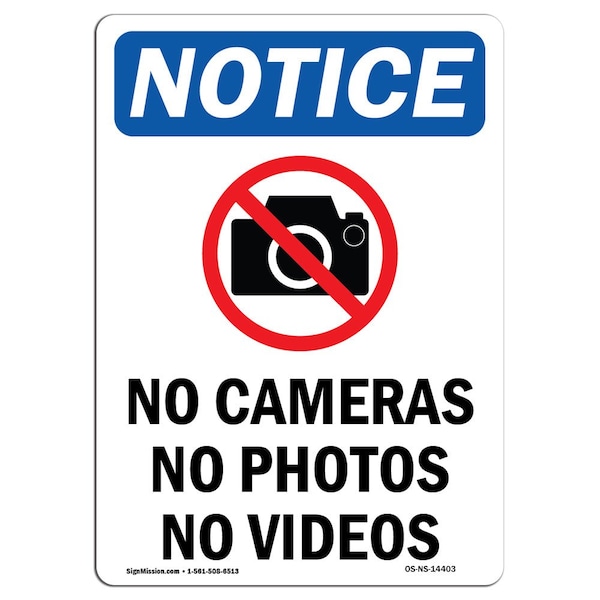 Safety Sign, OSHA Notice, 5" Height, No Cameras No Photos Sign With Symbol, Portrait, 10PK